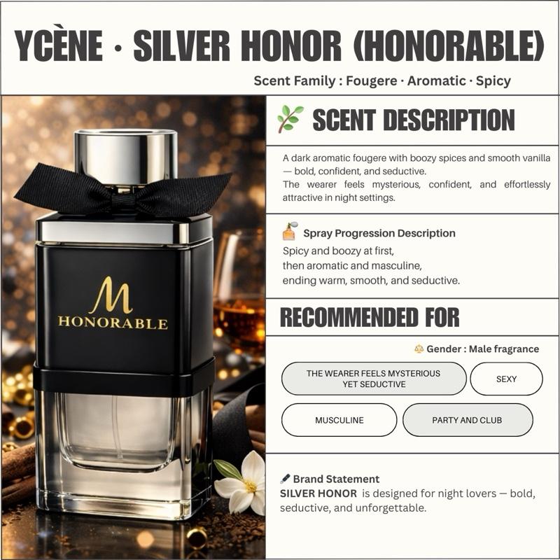 (TODAY SPECIAL) HONORABLE SILVER - YCÈNE HONORABLE Collection 100ML Luxurious Male EDP Lelaki Perfume with 5-8 Hours Long Lasting Fragrance with dupe perfume Scents
