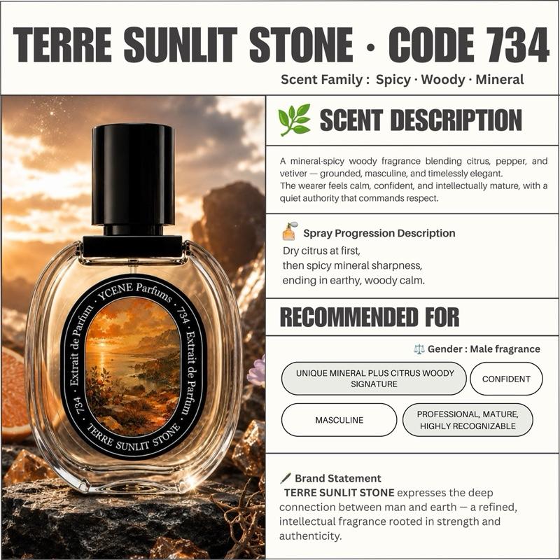 (TODAY SPECIAL) TERRE SUNLIT STONE [code 734] - Ycène Collection Luxurious Male Extrait EDP Perfume with 5-8-Hours Long Lasting Fragrance with dupe perfume Scents