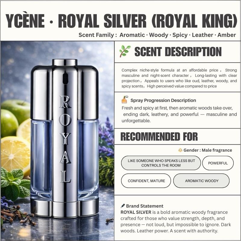 ROYAL SILVER - Ycene ROYAL Collection Luxurious Male EDP Luxury Quality Perfume with 5-8 Hours Long Lasting Fragrance with dupe perfume Scents
